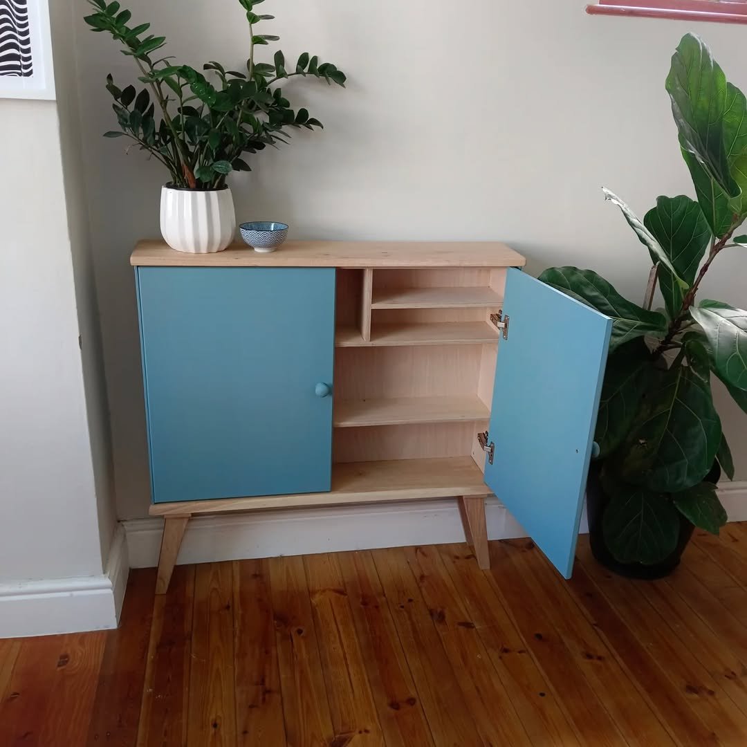 Oak sideboard with blue doors and open shelving