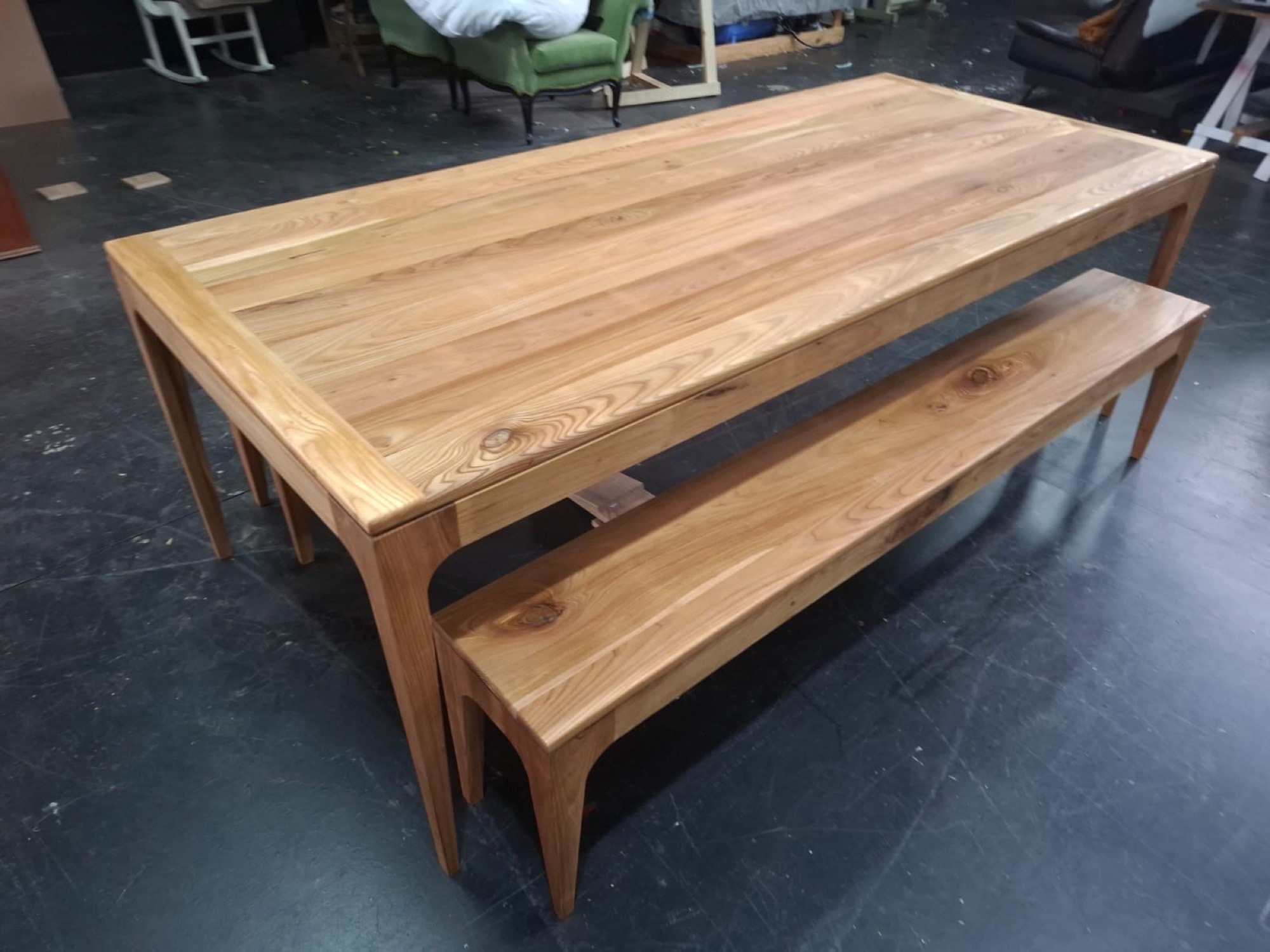Slim modern solid-ash dining table with matching bench